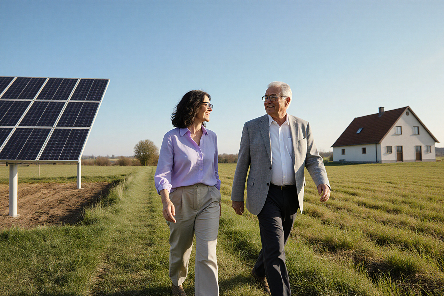 Freundlicher gemeinsamer Flächenrundgang mit erkennbarer PV-Nutzung und normalem regionalem Hausbezug