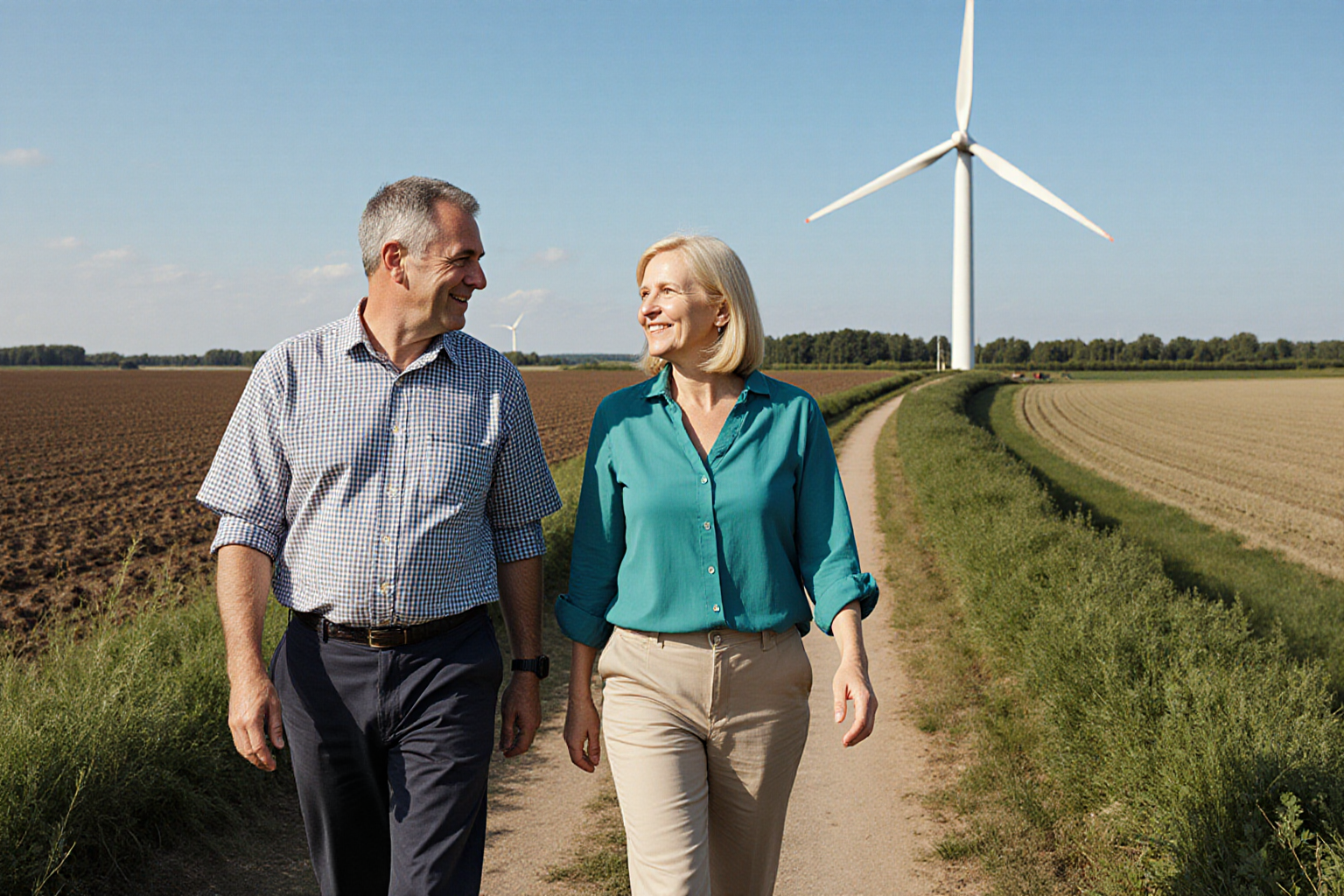 Freundliches Gespräch auf tatsächlicher Energiefläche mit Windrad